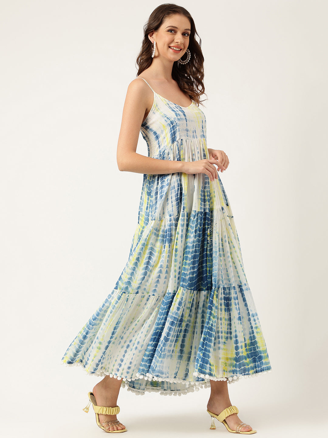 Eshani Blue Tie and Dye Dyed with Pom-Pom Detail Maxi Dress