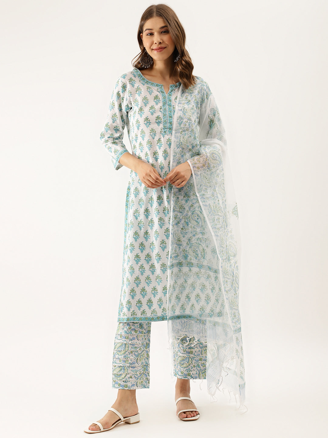 Eshani White Sea blue Handblock Floral Printed Cotton Kurta Set with Kota Doria Dupatta