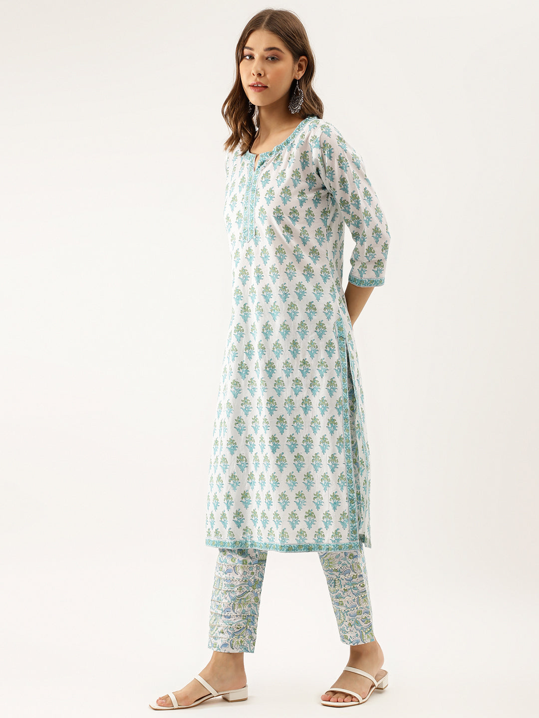 Eshani White Sea blue Handblock Floral Printed Cotton Kurta Set with Kota Doria Dupatta