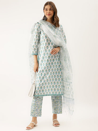 Eshani White Sea blue Handblock Floral Printed Cotton Kurta Set with Kota Doria Dupatta