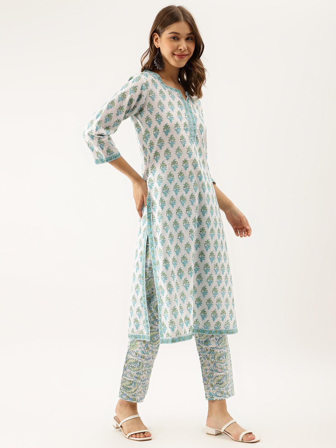 Eshani White Sea blue Handblock Floral Printed Cotton Kurta Set with Kota Doria Dupatta