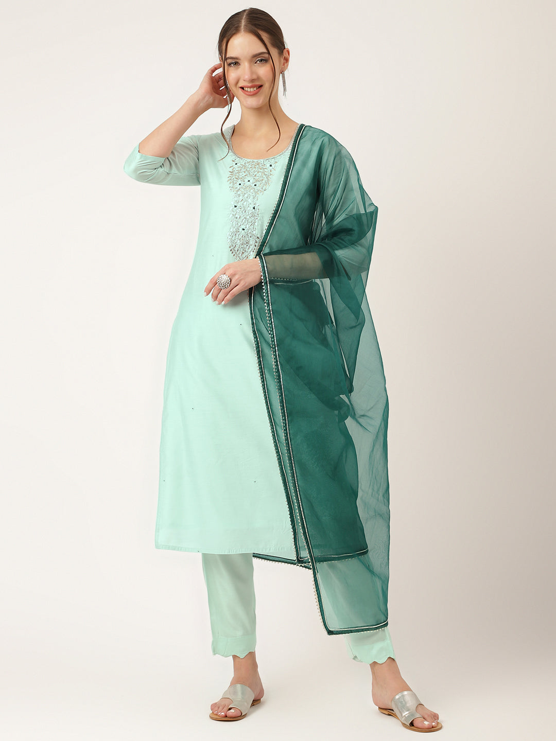 Eshani Sea Green Embroidered Chanderi  Kurta, Trouser With Dupatta