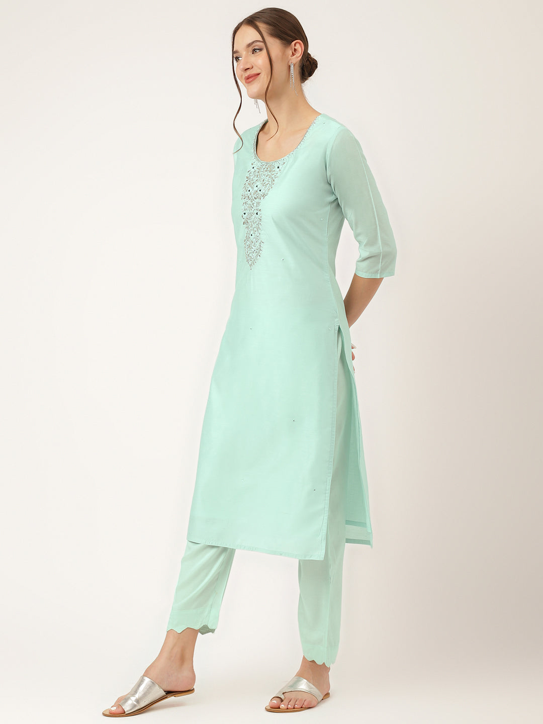 Eshani Sea Green Embroidered Chanderi  Kurta, Trouser With Dupatta