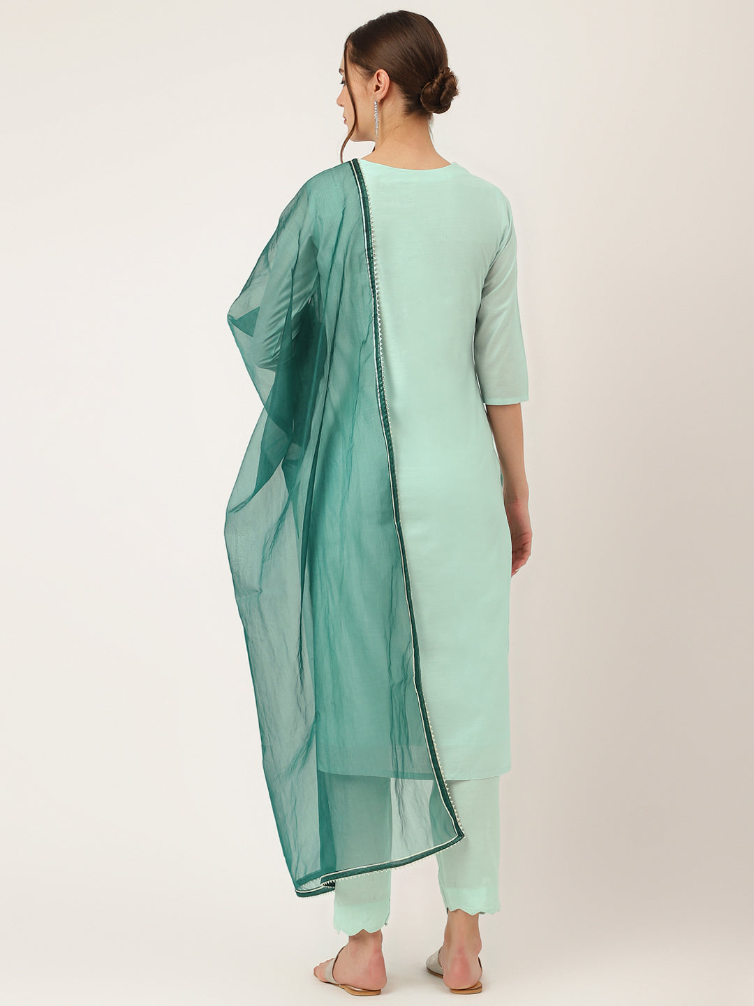 Eshani Sea Green Embroidered Chanderi  Kurta, Trouser With Dupatta