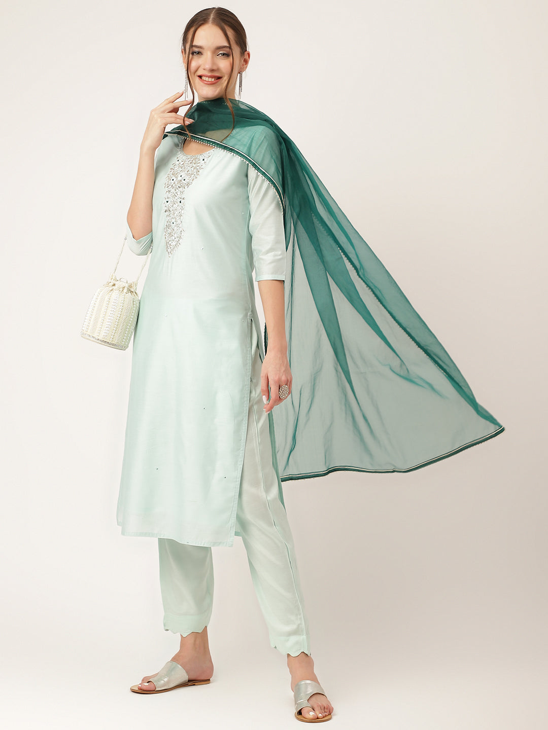 Eshani Sea Green Embroidered Chanderi  Kurta, Trouser With Dupatta