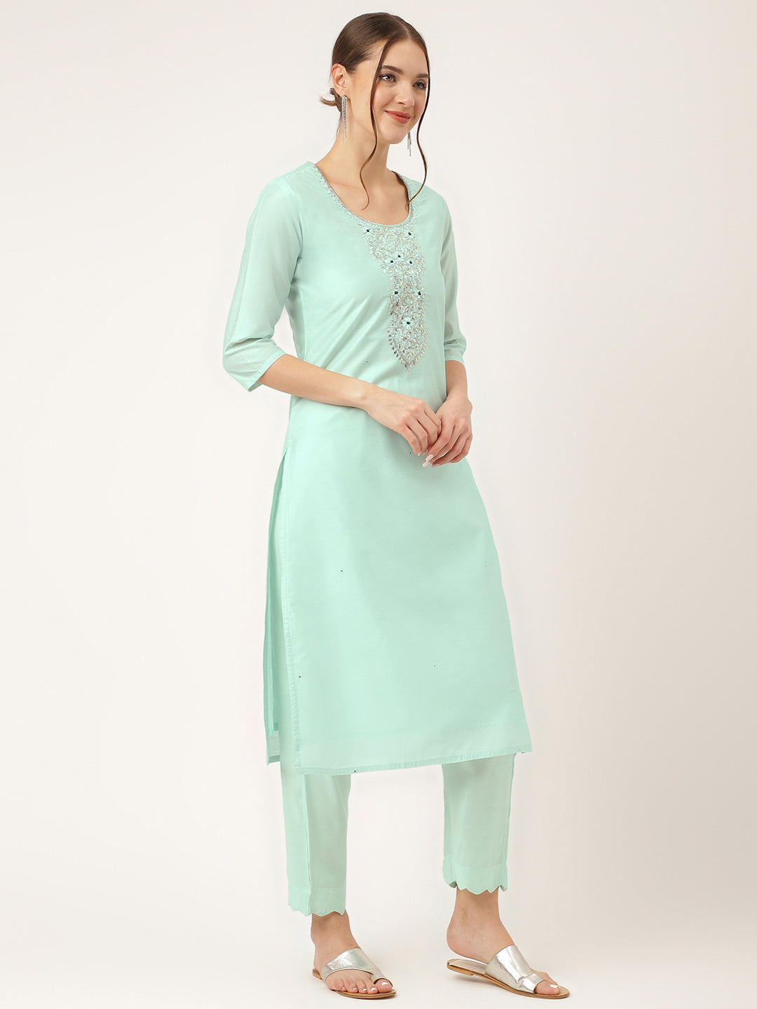 Eshani Sea Green Embroidered Chanderi  Kurta, Trouser With Dupatta