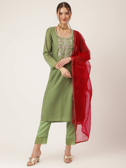 Eshani Green Embroidered  Chanderi  Kurta, Trouser With Dupatta