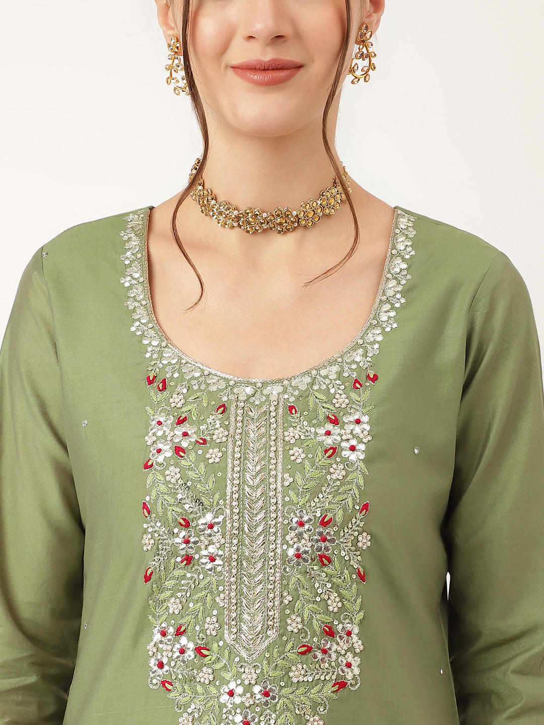 Eshani Green Embroidered  Chanderi  Kurta, Trouser With Dupatta