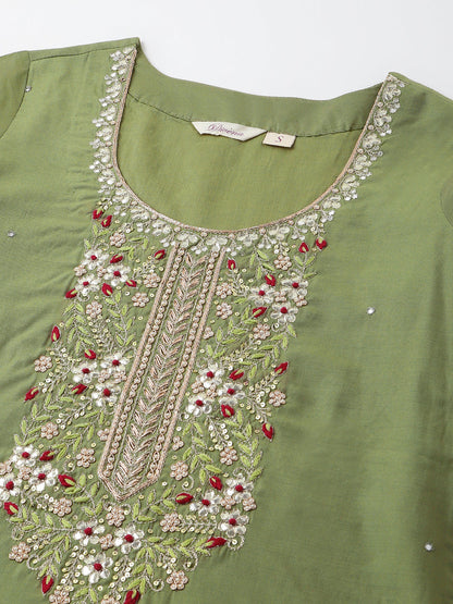 Eshani Green Embroidered  Chanderi  Kurta, Trouser With Dupatta