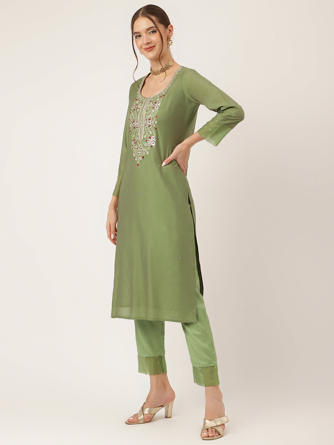 Eshani Green Embroidered  Chanderi  Kurta, Trouser With Dupatta