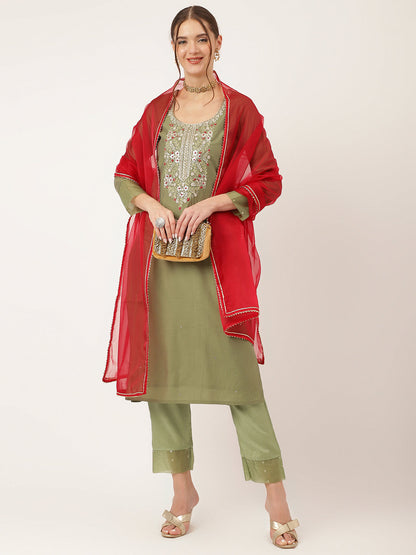 Eshani Green Embroidered  Chanderi  Kurta, Trouser With Dupatta