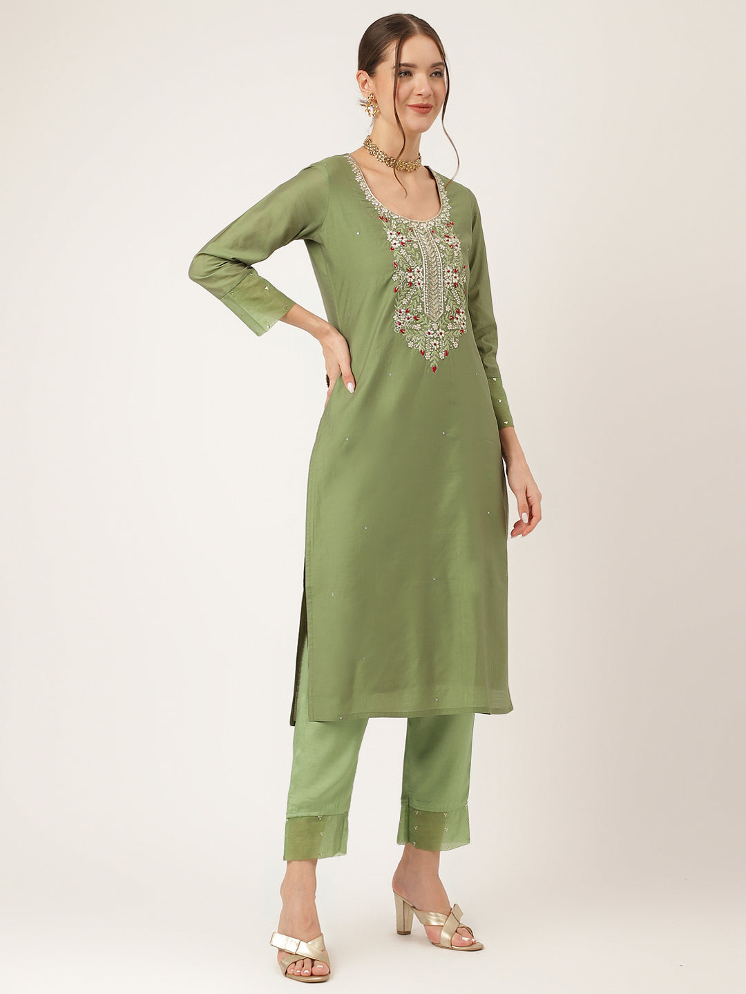 Eshani Green Embroidered  Chanderi  Kurta, Trouser With Dupatta