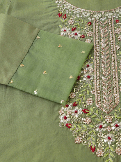 Eshani Green Embroidered  Chanderi  Kurta, Trouser With Dupatta