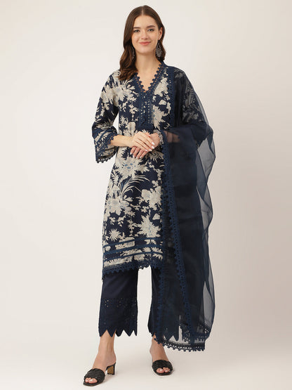 Eshani Navy Blue Floral Print Cotton Kurta, Trouser With Dupatta