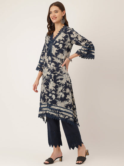 Eshani Navy Blue Floral Print Cotton Kurta, Trouser With Dupatta