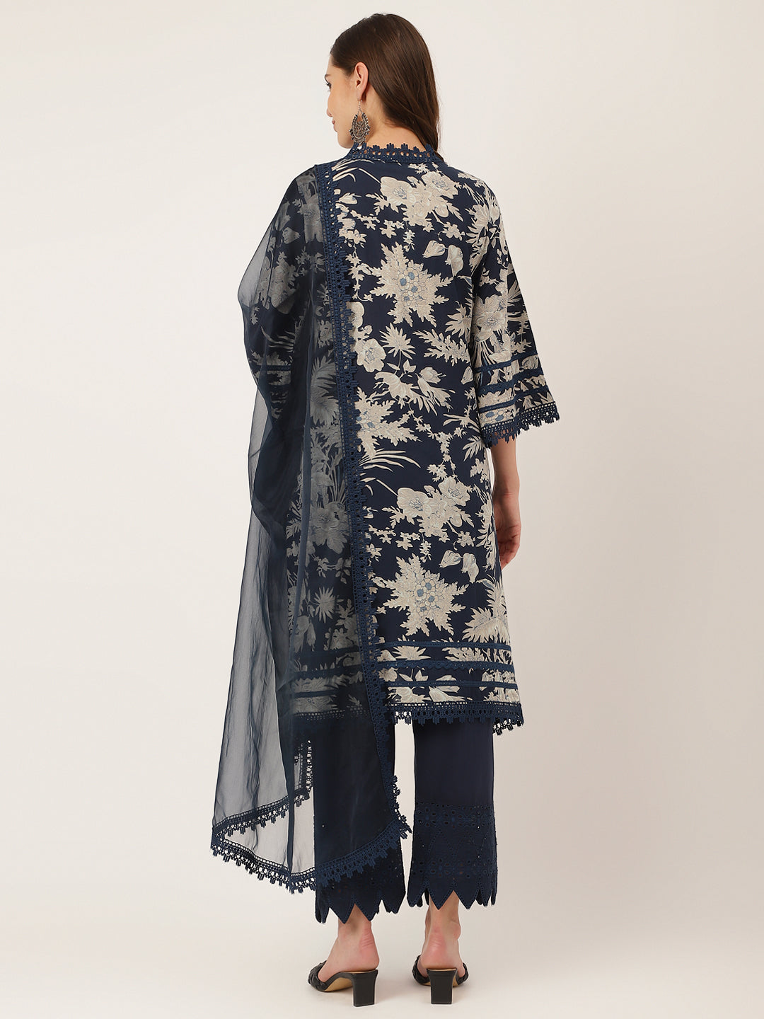 Eshani Navy Blue Floral Print Cotton Kurta, Trouser With Dupatta