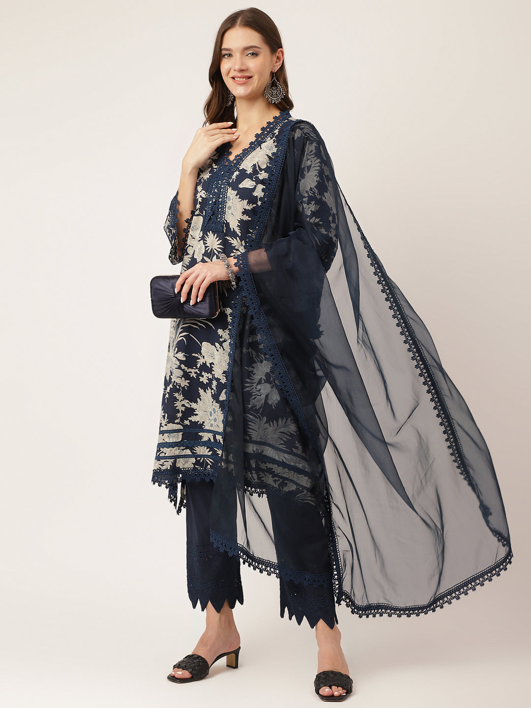 Eshani Navy Blue Floral Print Cotton Kurta, Trouser With Dupatta