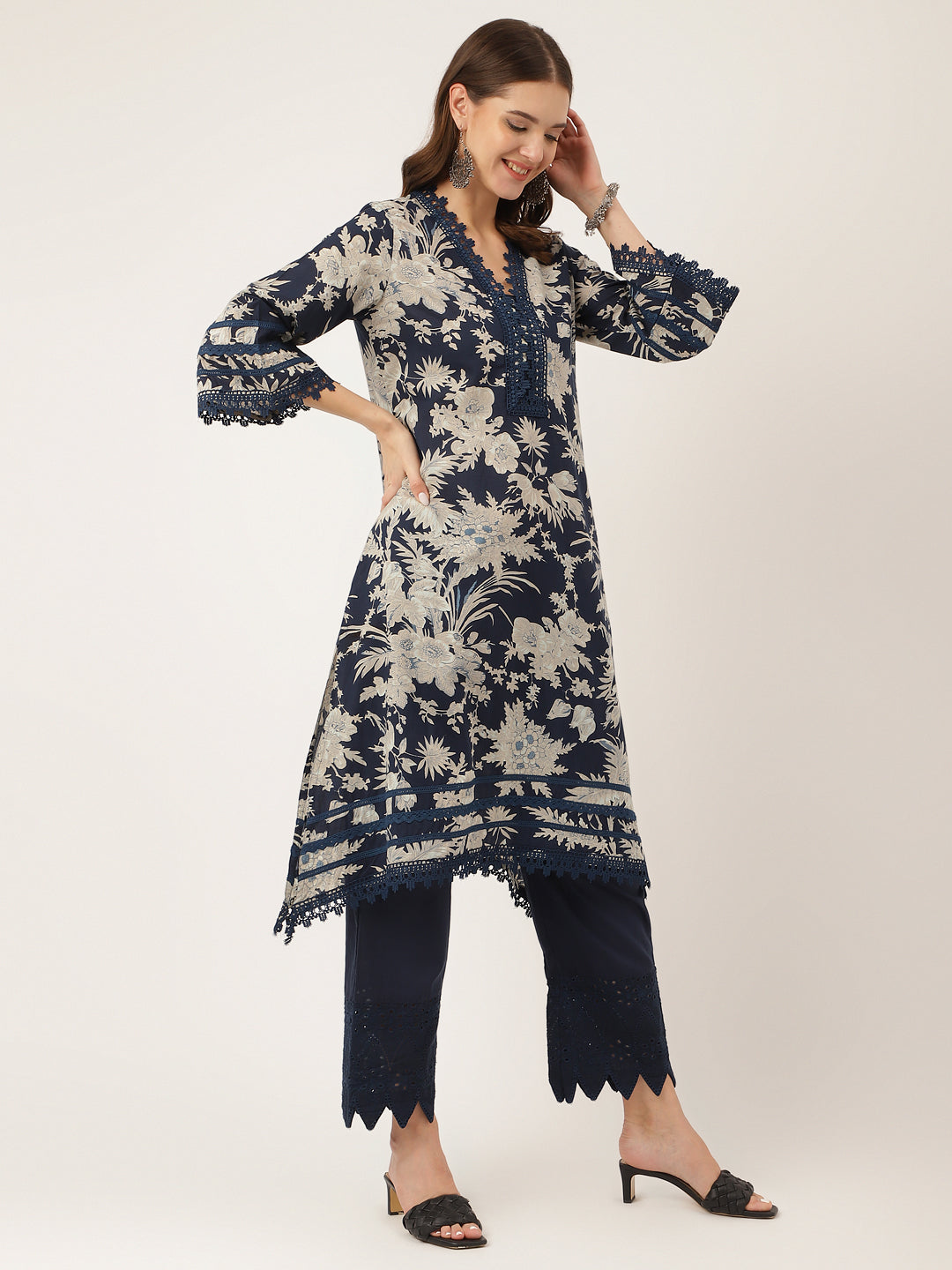 Eshani Navy Blue Floral Print Cotton Kurta, Trouser With Dupatta