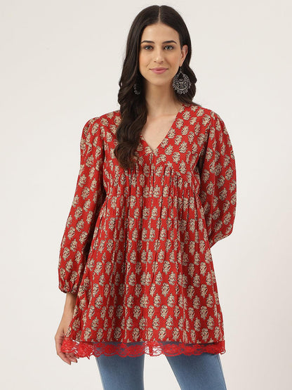 Eshani Red Floral Cotton Pemplum Style Top - Eshani world