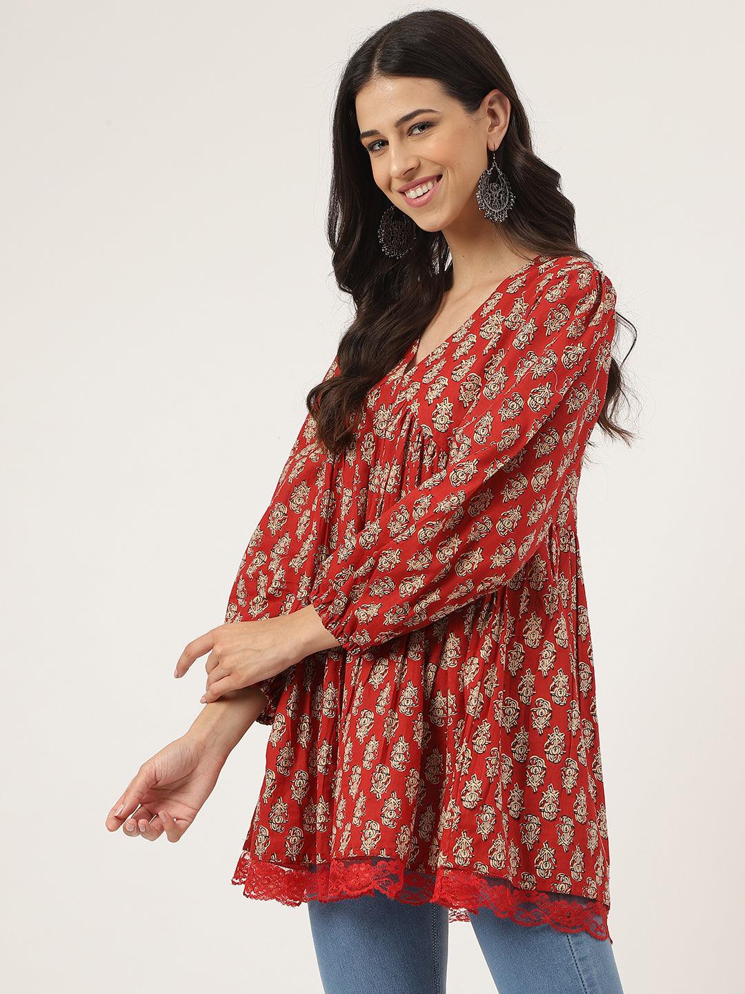 Eshani Red Floral Cotton Pemplum Style Top - Eshani world