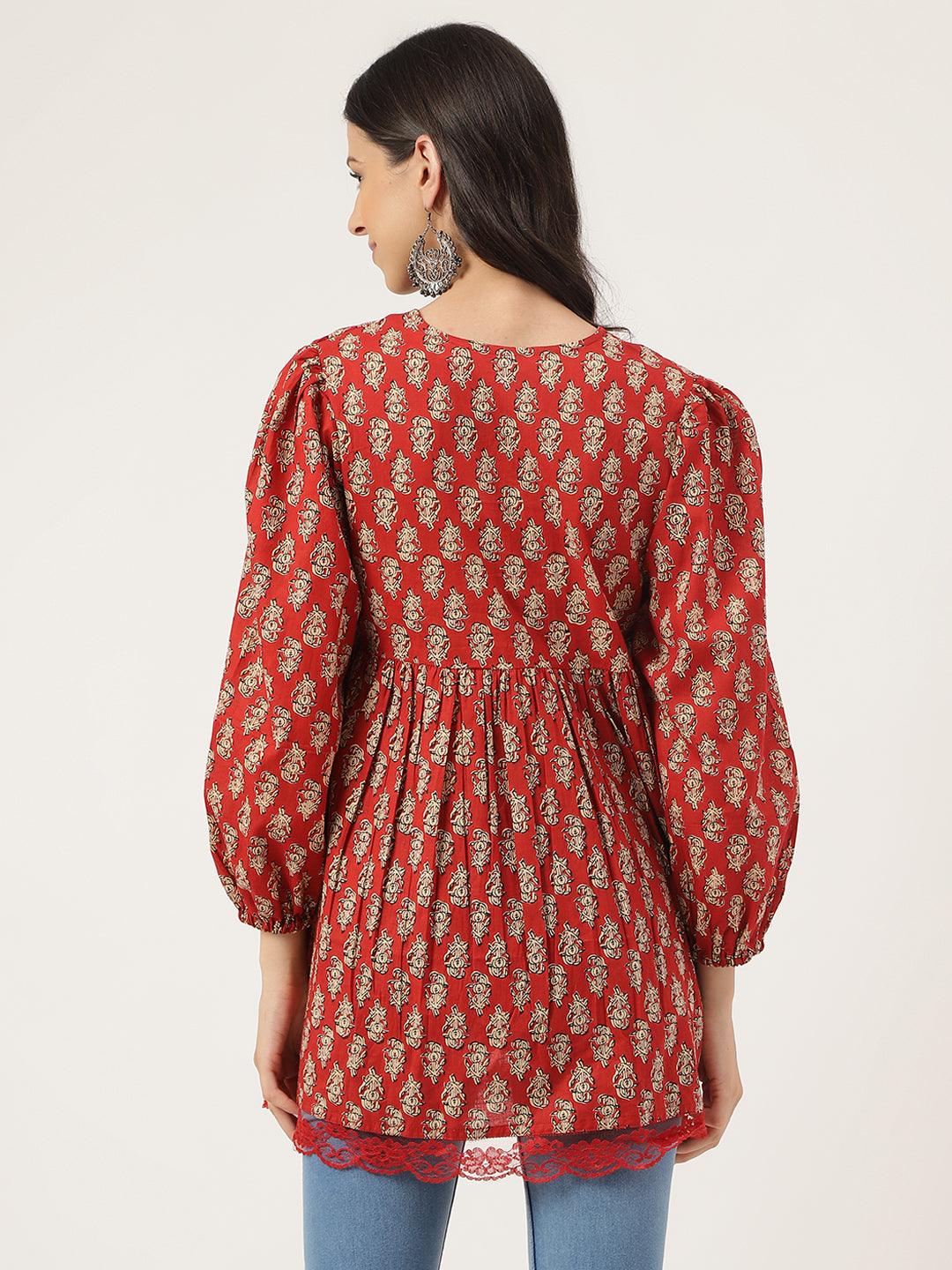 Eshani Red Floral Cotton Pemplum Style Top - Eshani world