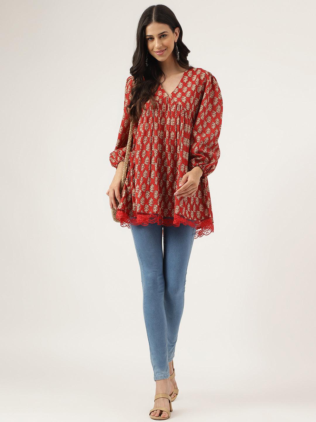 Eshani Red Floral Cotton Pemplum Style Top - Eshani world