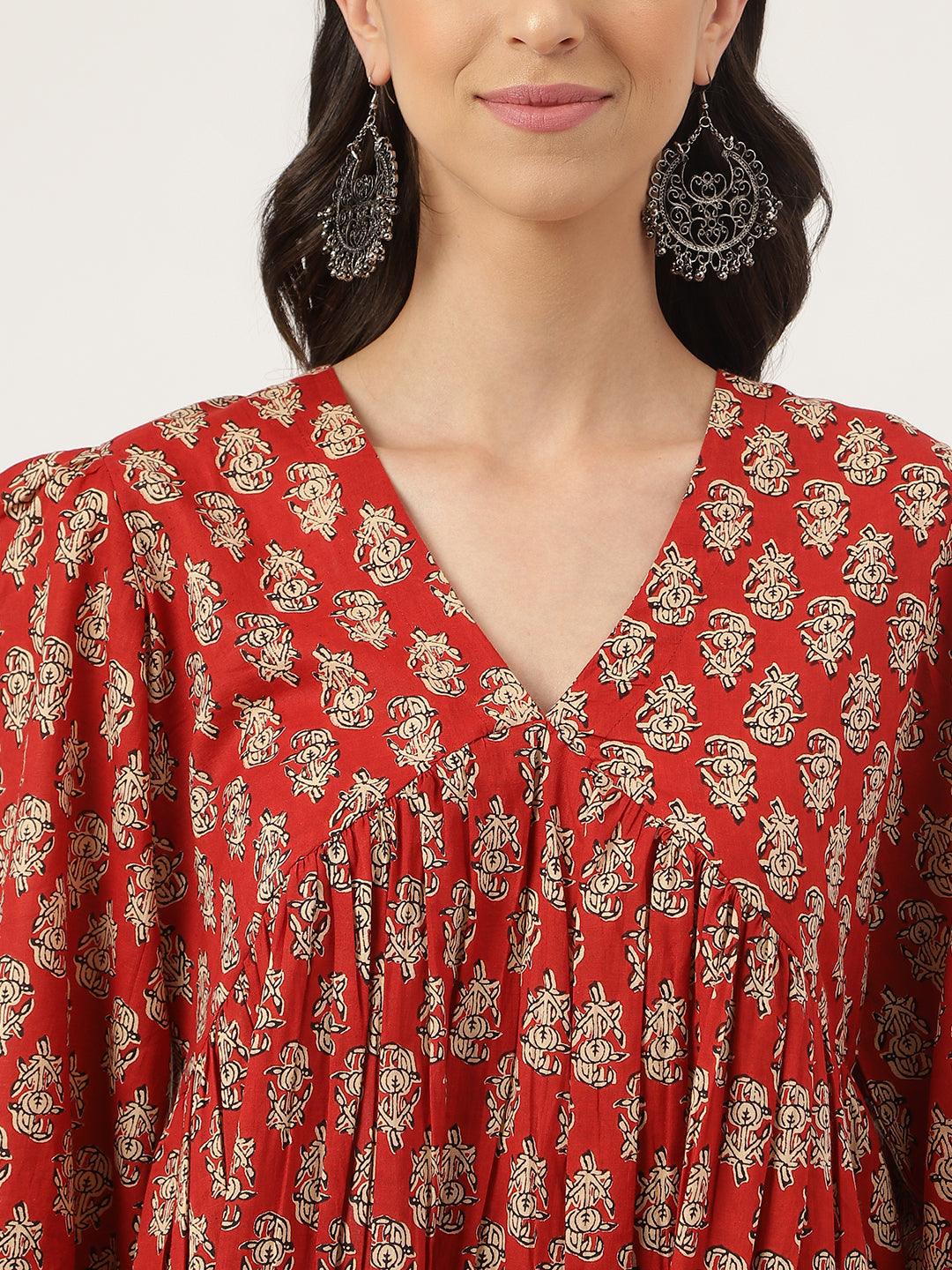 Eshani Red Floral Cotton Pemplum Style Top - Eshani world