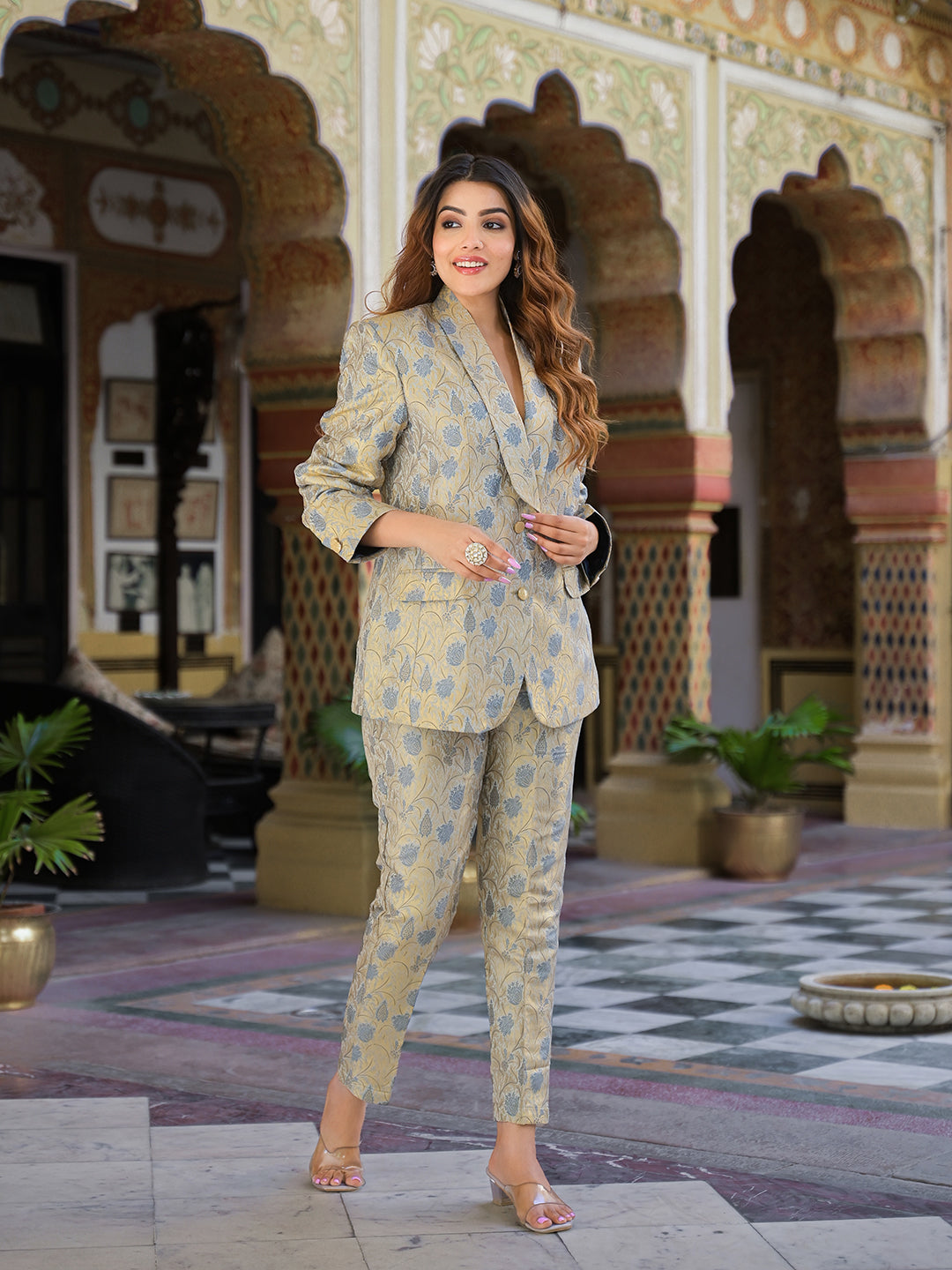 ESHANI Golden Brocade Printed Coat with Pant