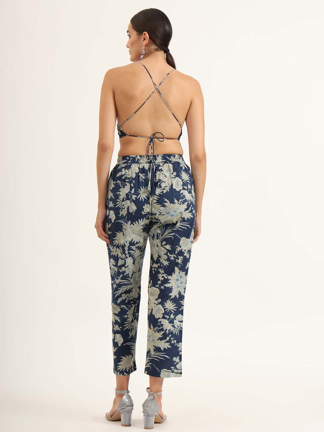 ESHANI Navy Floral Print Pure Cotton Straight Co-ord Set
