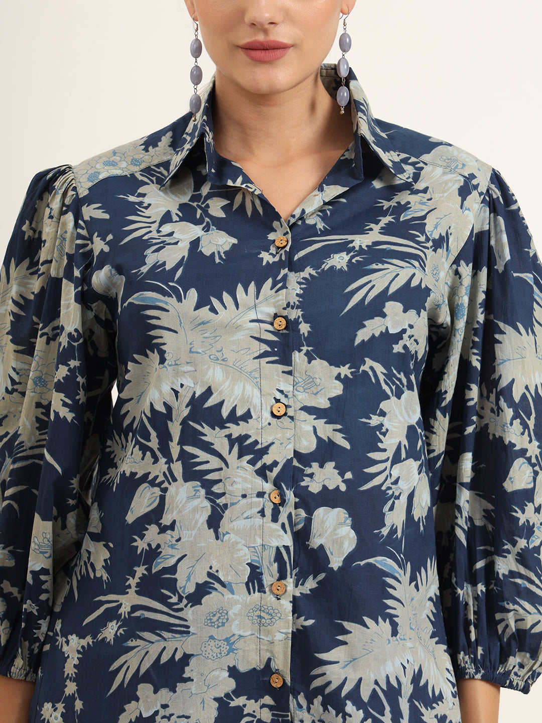 ESHANI Navy Floral Print Pure Cotton Straight Co-ord Set