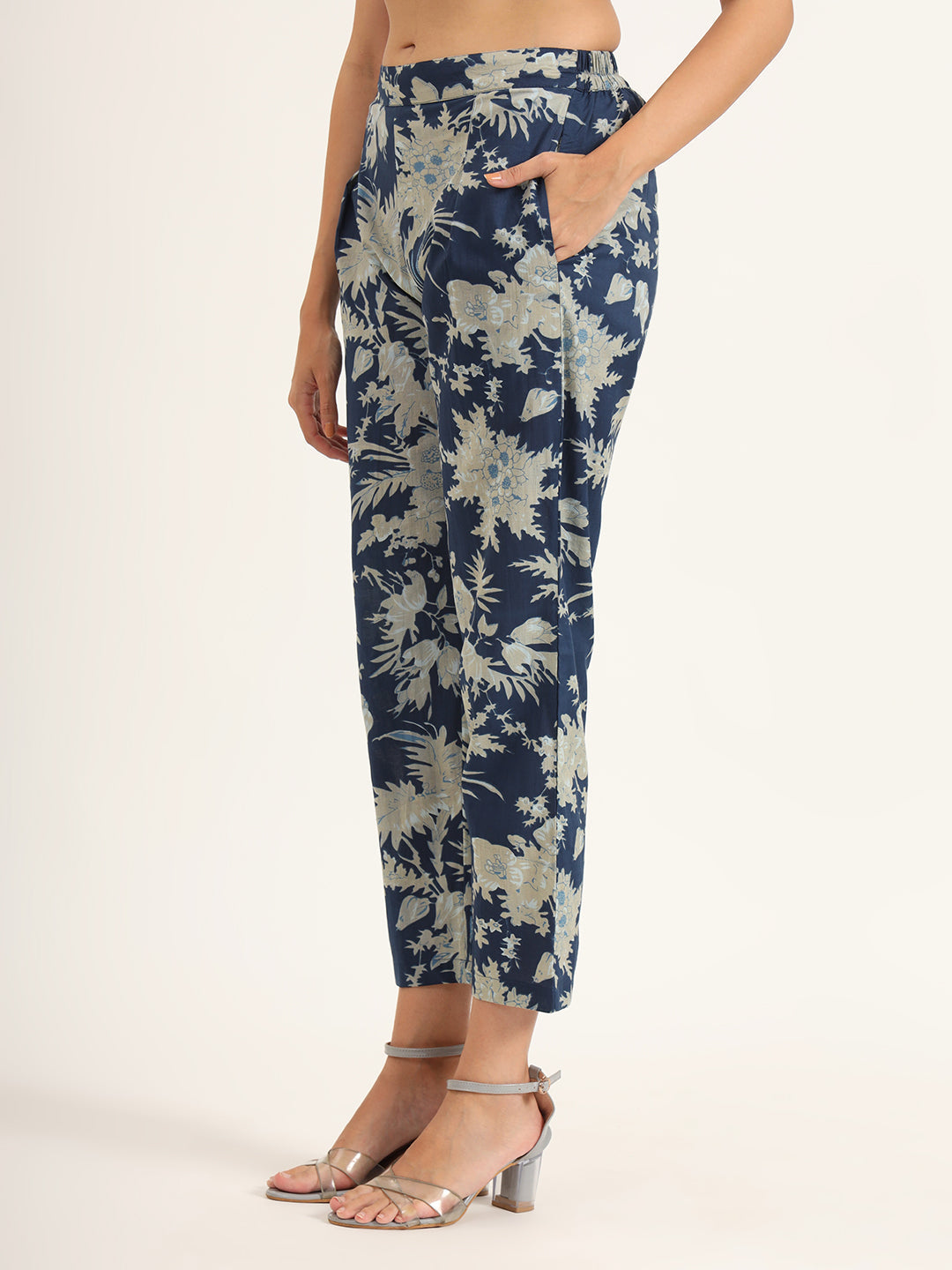 ESHANI Navy Floral Print Pure Cotton Straight Co-ord Set