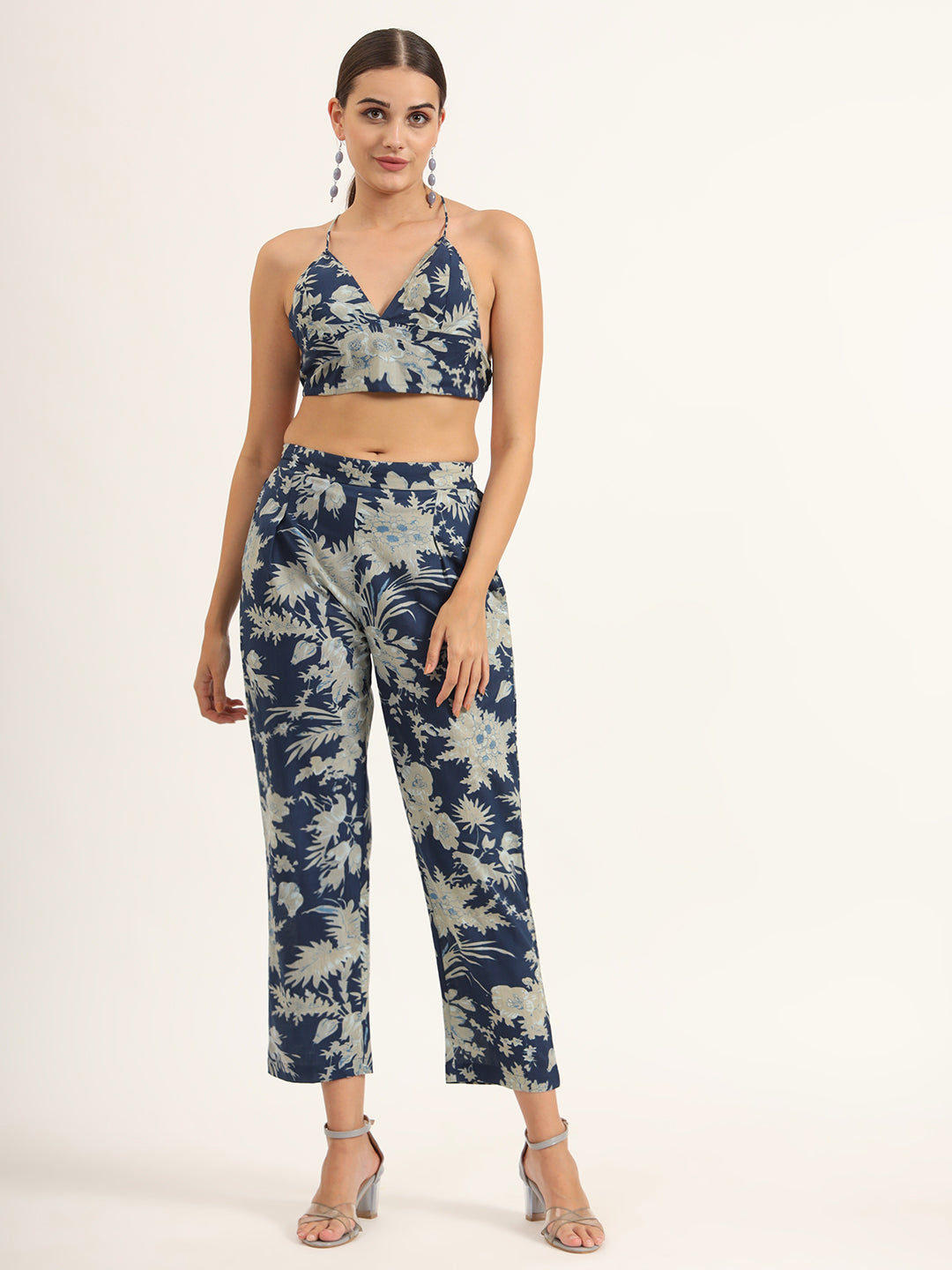 ESHANI Navy Floral Print Pure Cotton Straight Co-ord Set