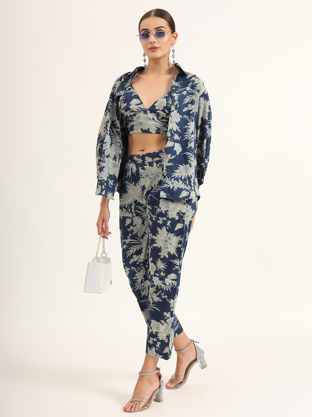 ESHANI Navy Floral Print Pure Cotton Straight Co-ord Set
