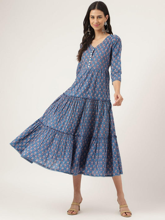 Eshani Blue Floral Printed Long dress - Eshani world