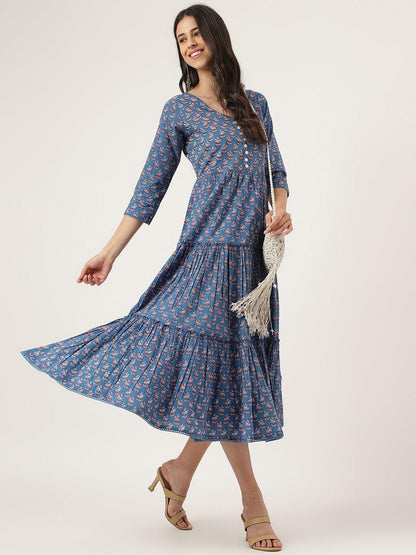 Eshani Blue Floral Printed Long dress - Eshani world