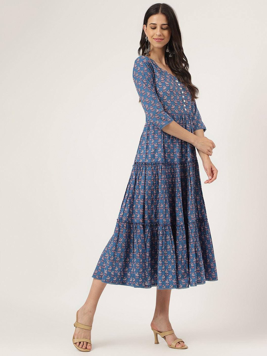 Eshani Blue Floral Printed Long dress - Eshani world