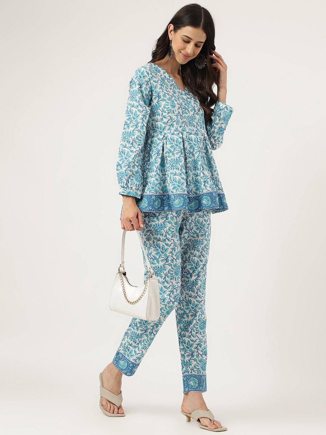 Eshani White Floral Printed Cotton Peplum Top Pant Co-ords Sets - Eshani world