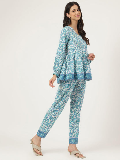 Eshani White Floral Printed Cotton Peplum Top Pant Co-ords Sets - Eshani world