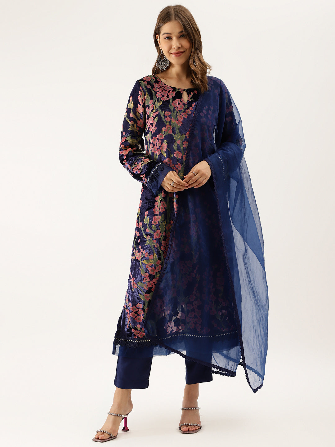 Eshani Blue Floral Burnout Velvet Kurta Set with Organza Dupatta