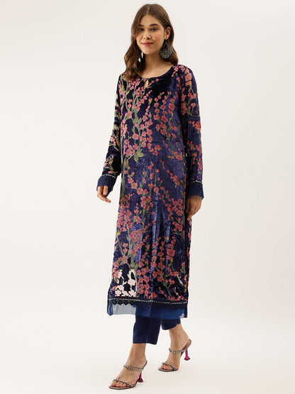 Eshani Blue Floral Burnout Velvet Kurta Set with Organza Dupatta