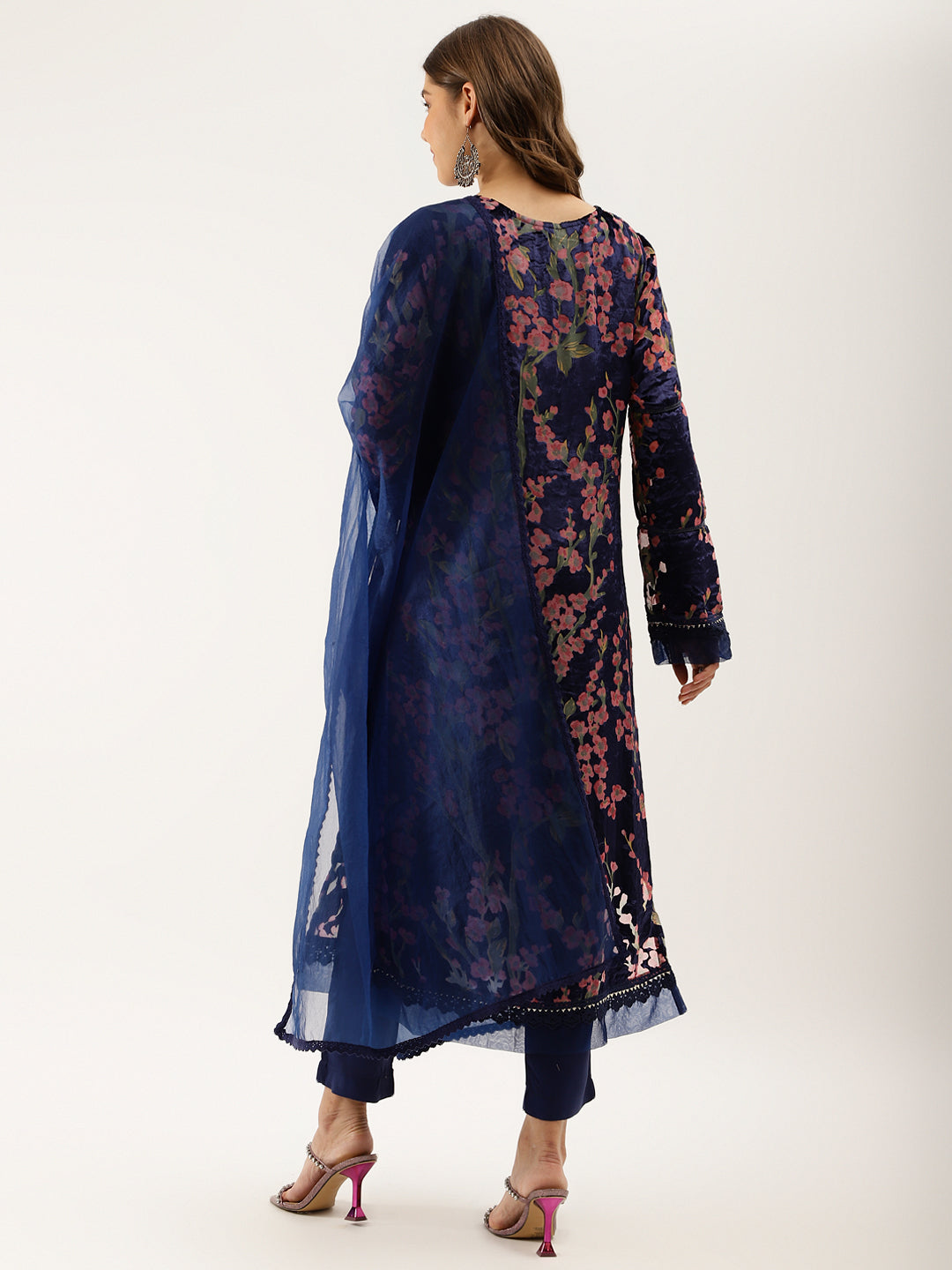 Eshani Blue Floral Burnout Velvet Kurta Set with Organza Dupatta