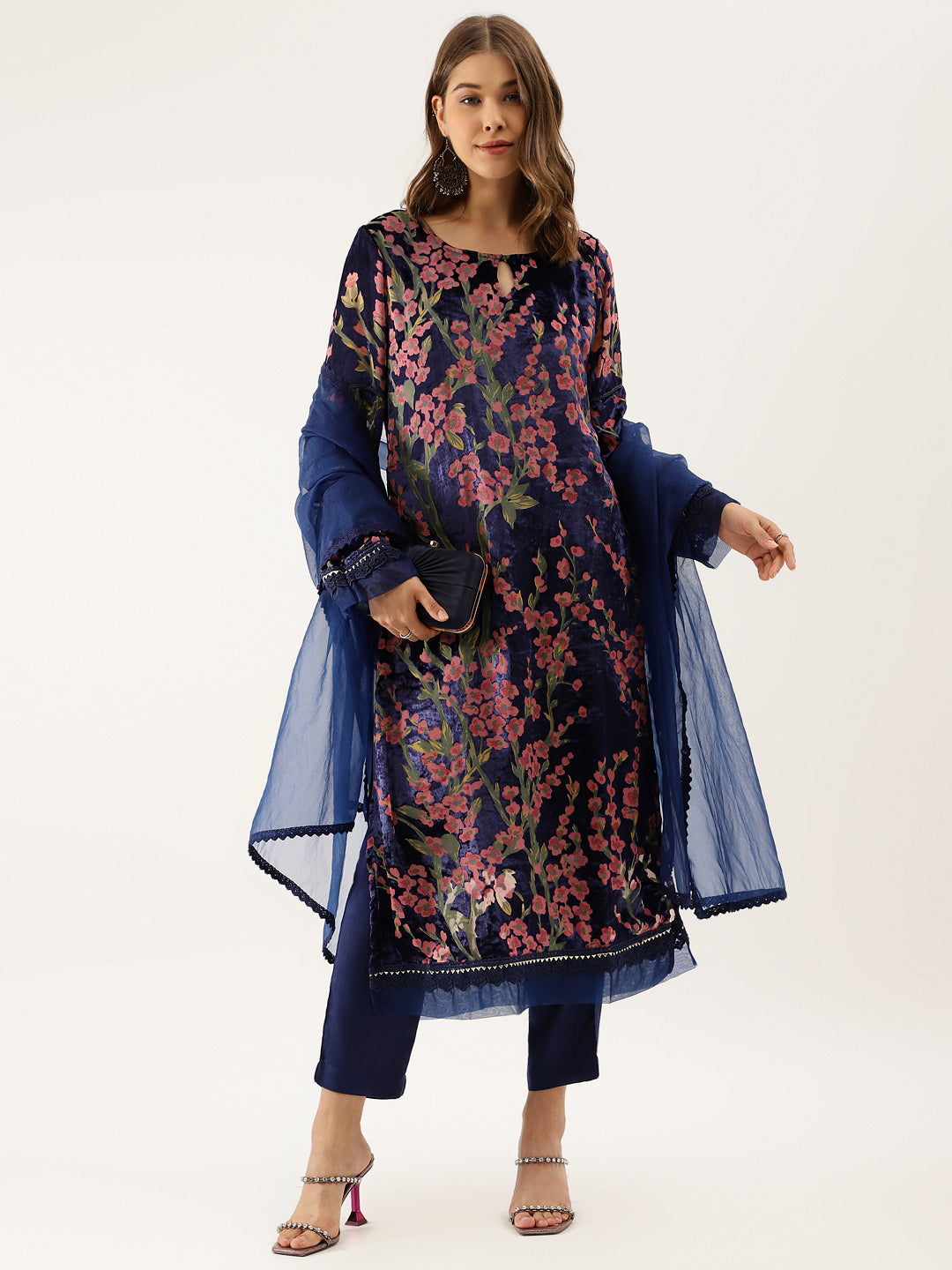 Eshani Blue Floral Burnout Velvet Kurta Set with Organza Dupatta