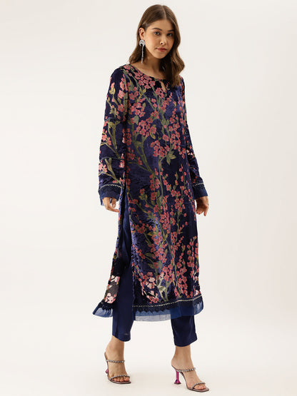 Eshani Blue Floral Burnout Velvet Kurta Set with Organza Dupatta