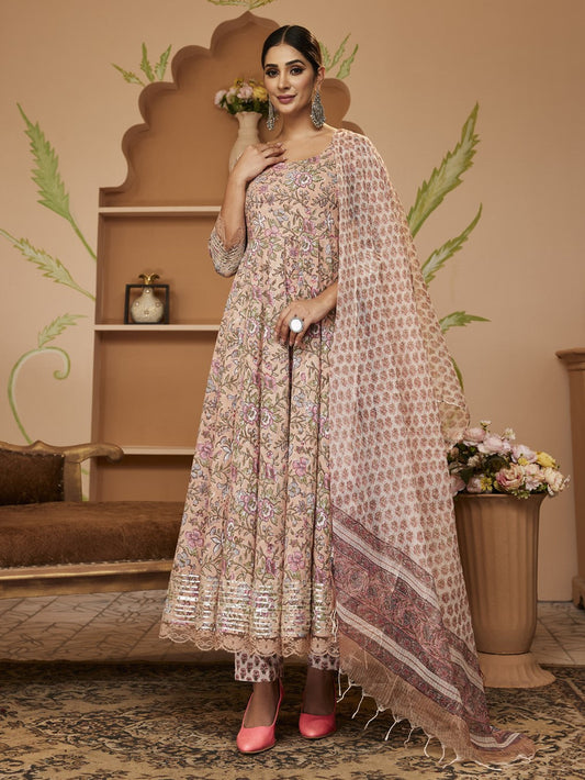 Eshani Handblock Floral Printed Beige Anarkali Cotton Kurta With Trousers & Dupatta