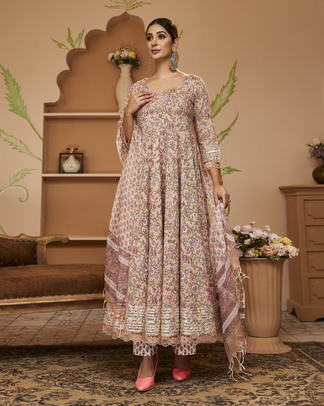 Eshani Handblock Floral Printed Beige Anarkali Cotton Kurta With Trousers & Dupatta