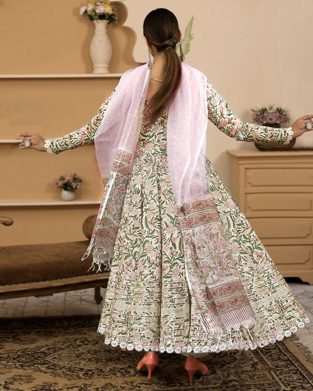 Eshani Handblock Printed Green Anarkali Cotton Kurta With Trousers & Dupatta