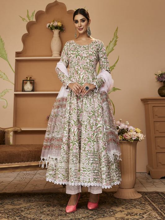 Eshani Handblock Printed Green Anarkali Cotton Kurta With Trousers & Dupatta