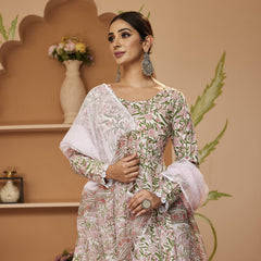 Eshani Handblock Printed Green Anarkali Cotton Kurta With Trousers & Dupatta