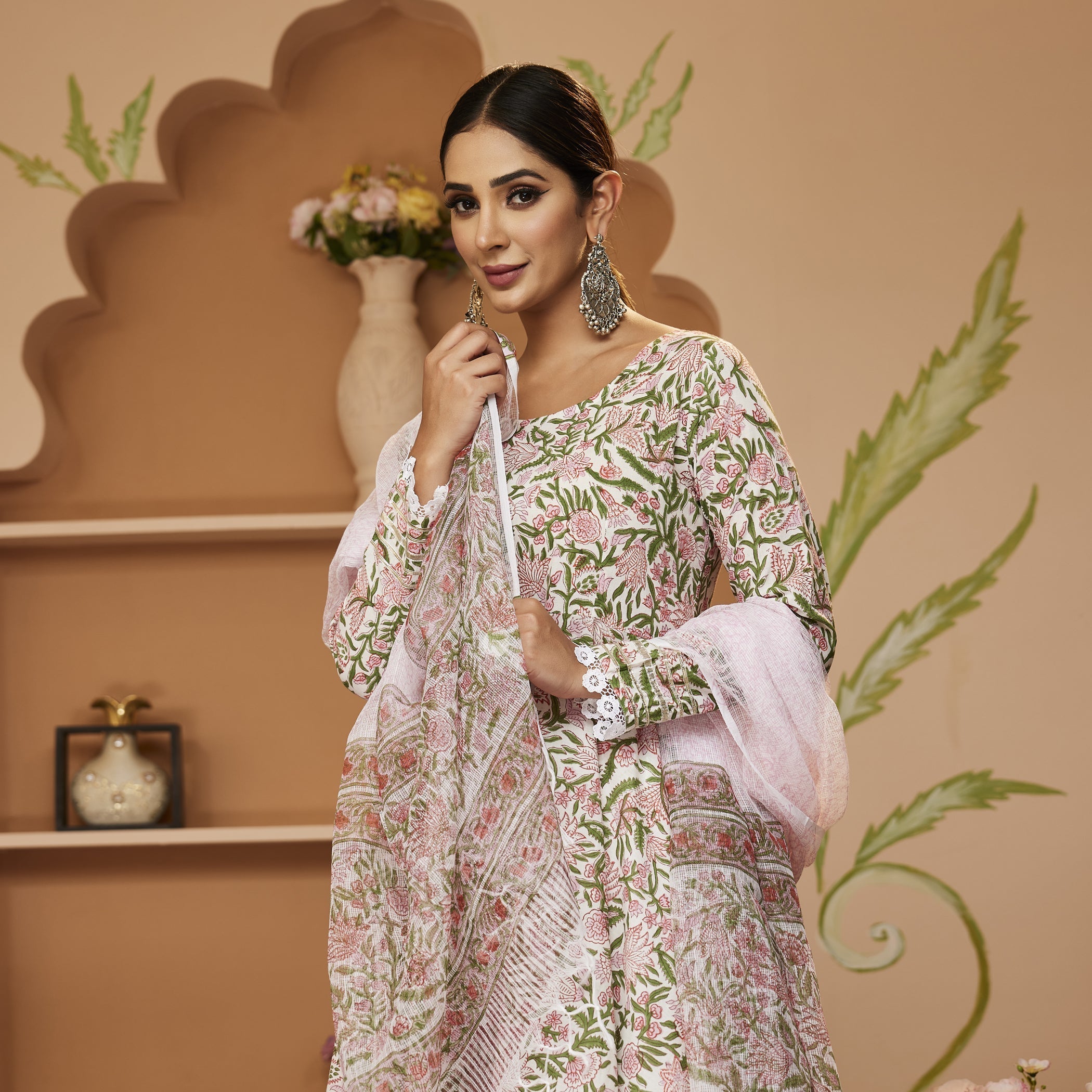 Eshani Handblock Printed Green Anarkali Cotton Kurta With Trousers & Dupatta