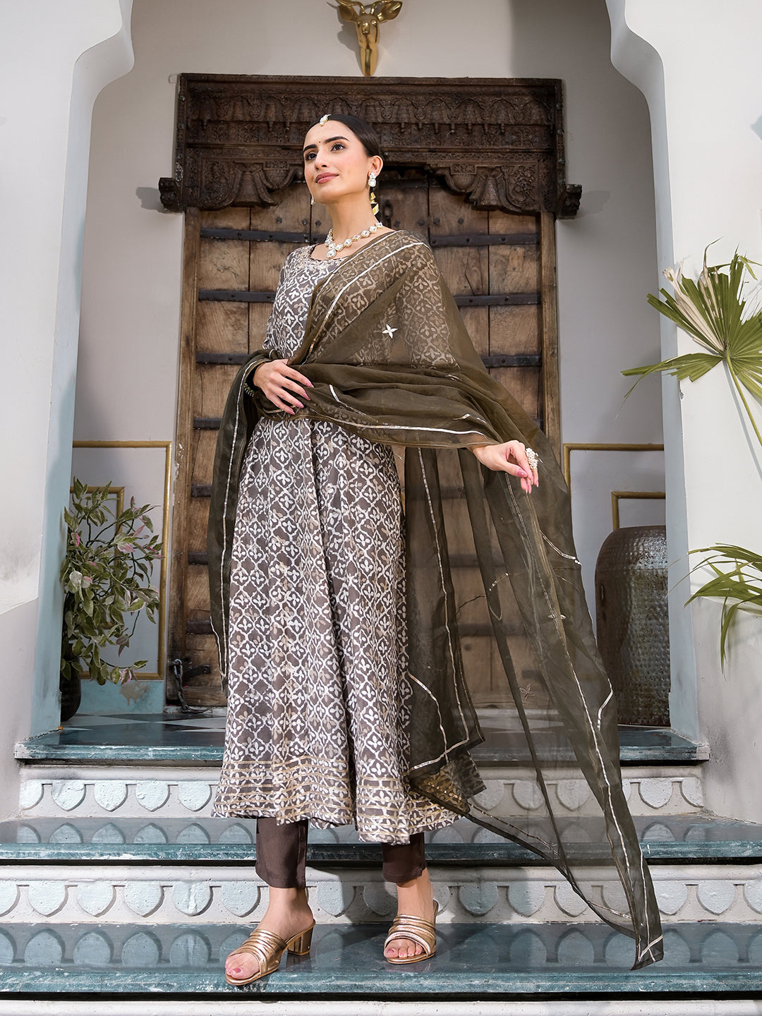 Eshani Brown Asymetric Print Muslin Anarkali kurta pant with Dupatta Set